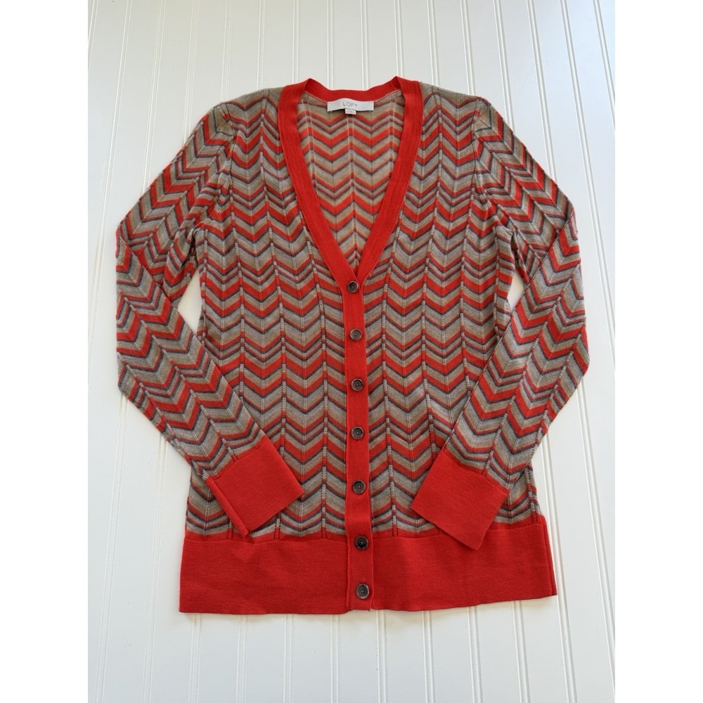 LOFT Womens‎ M Cardigan Chevron Striped Orange Blue V Neck Button Up